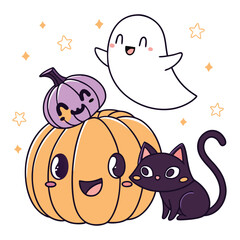 Flat lay Halloween t-shirt with pumpkins and ghost designrtwork