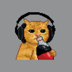 Gamer cat drinking soda, pixel art meme