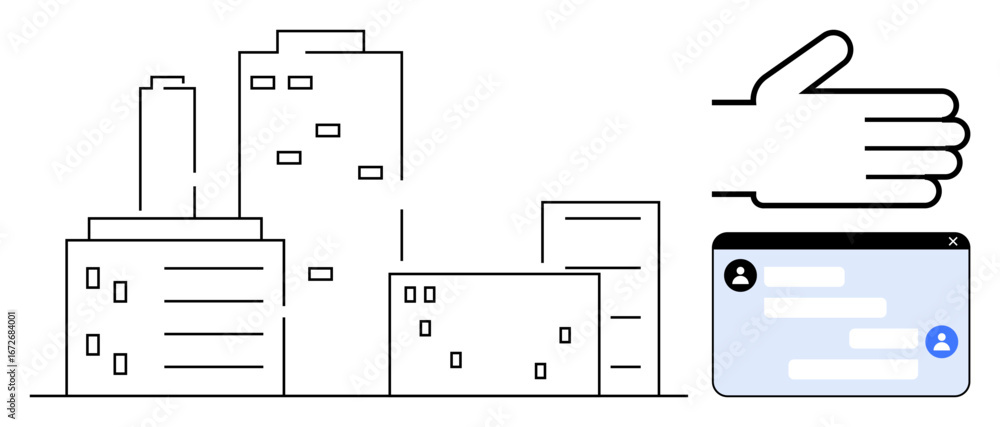 Poster minimalist skyscrapers, a hand gesture symbolizing interaction, and a chat interface. ideal for comm