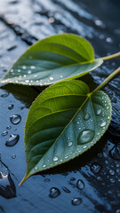 Two green leaves covered in water droplets resting on a dark, wet surface