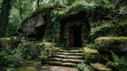 ancient stone cave facade with moss-covered rocks and early morning fog 