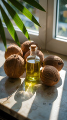 Coconuts surround a bottle of golden oil, lit by bright sunlight near a window