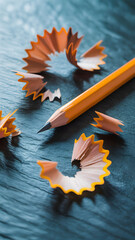 Sharpened yellow pencil with wood shavings on dark textured surface with gradient lighting