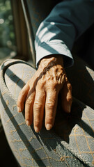 Elderly hand resting on patterned chair in sunlight, showcasing aging and texture