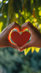 Hands form a heart shape around a red heart against a green, leafy background