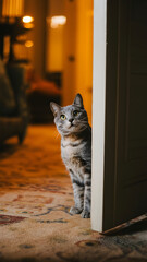Gray tabby cat peeks from behind a door in a warm lit hallway