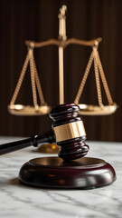 Gavel and scales of justice on a marble table in a legal setting