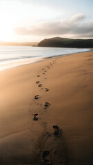 Footprints lead towards the sun on a sandy, empty beach