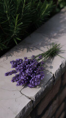 Lavender bouquet rests on stone, contrasted by greenery and soft lighting