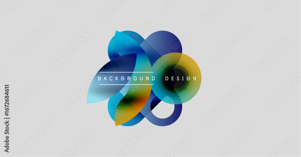 Poster abstract colorful shapes overlap, creating dynamic visual effect. background features gradients, tex