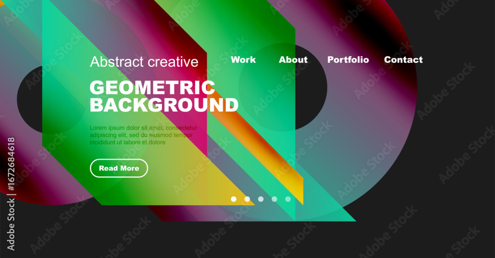 Poster abstract website header design. geometric shapes, vibrant colors, text elements present. navigation 