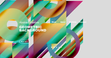 Vibrant abstract design. Geometric shapes overlap, creating dynamic colorful background. Text elements present portfolio information.