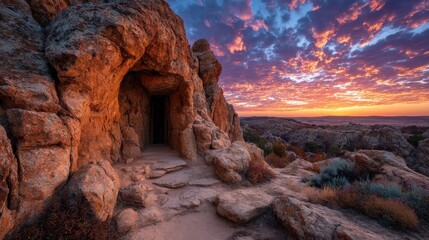 dramatic stone cave mouth on a cliff face with sunset colors in the sky 