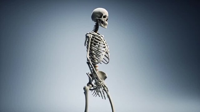 A full human skeleton stands in profile against a blurred blue background, showcasing anatomical detail.