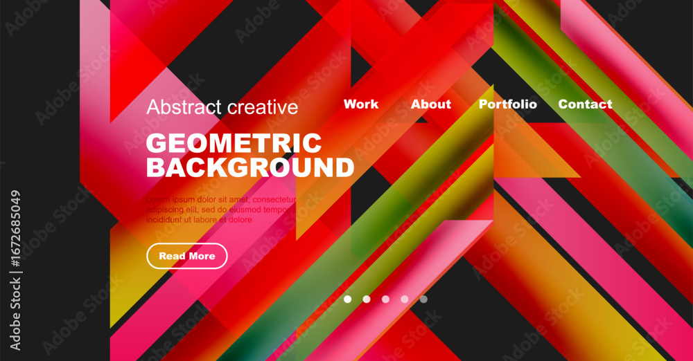 Poster Abstract geometric background design. Vibrant colors, diagonal lines create dynamic visual effect. Website header with navigation options present.