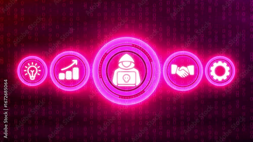 Aufkleber glowing neon icons representing business growth cybersecurity and partnership on a digital binary co
