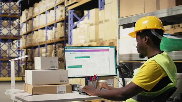 Black warehouse staff verifying cargo goods during import export process. Wearing hi vis vest and helmet while managing smooth tracking numbers logistics in distribution hub. Camera A.