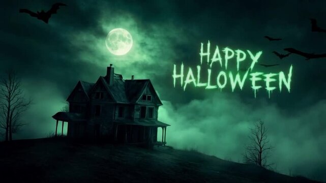 Spooky halloween scene with haunted house bats and full moon in eerie green fog night landscape halloween background video