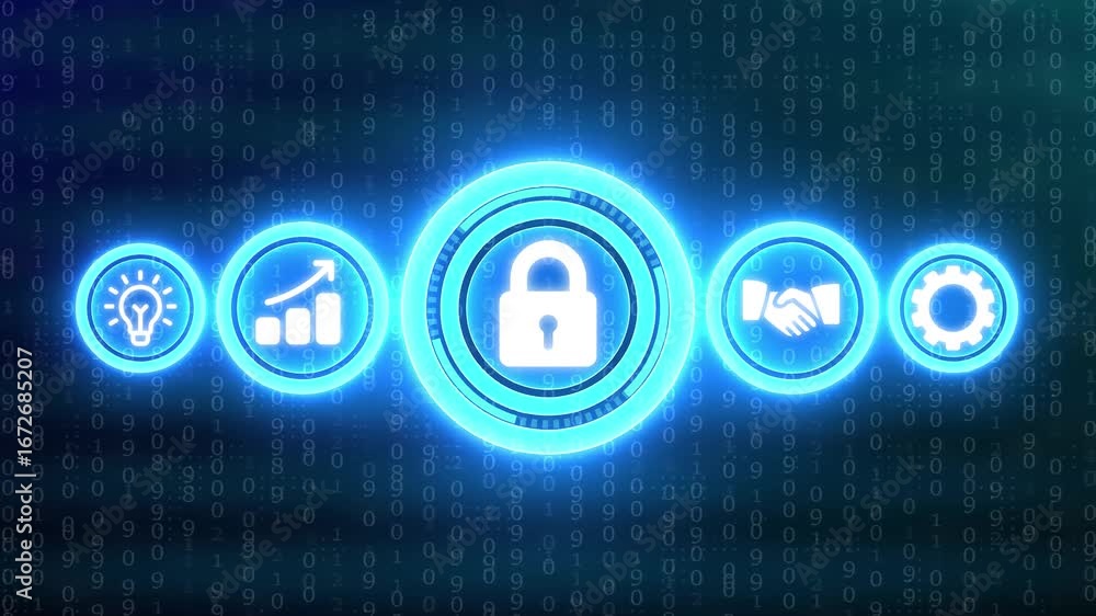 Aufkleber blue neon icons for business idea growth security partnership and gears on a digital binary code bac