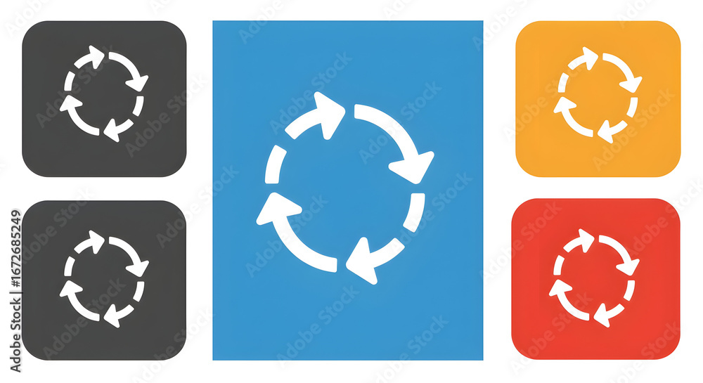 Poster circular arrows rotating on colorful squares for cycle symbol