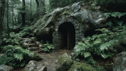 natural stone cave exterior surrounded by wild ferns and rocky terrain