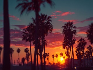  Vibrant sunset over Venice Beach palm trees with warm hues, iconic scenic travel backdrop in Los Angeles, focused face portrait