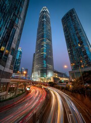 Obraz premium Wide angle night view of Hong Kong skyscrapers with traffic light trails, dusk blue sky, illuminated cityscape and modern architecture