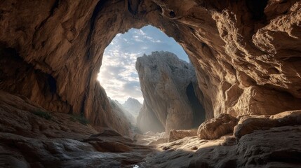 natural stone cave opening on a rugged mountainside with sunlight filtering