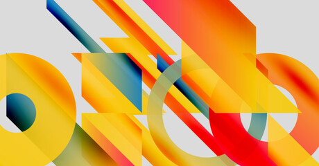 Abstract composition. Geometric shapes overlap, creating vibrant color gradients. Yellows, reds, blues dominate design. Modern aesthetic.