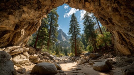 rocky cave entrance framed by tall pine trees and scattered rocks 