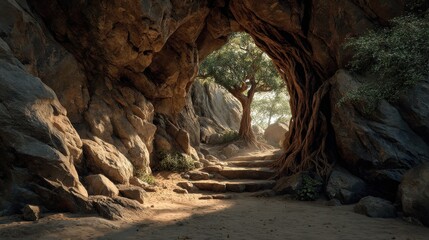Obraz premium rocky cave entrance framed by twisted tree roots and soft sunlight