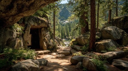 rocky cave entrance framed by tall pine trees and scattered rocks 