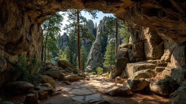 rocky cave entrance framed by tall pine trees and scattered rocks 