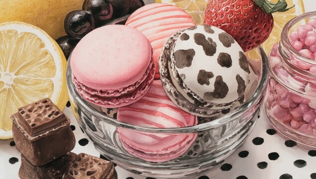 Delicious macarons, fruit, and chocolates in a glass bowl on a polka dot surface