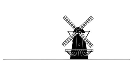 Obraz premium Illustration of classic windmill silhouette on simple white background, symbol of traditional architecture and natural energy