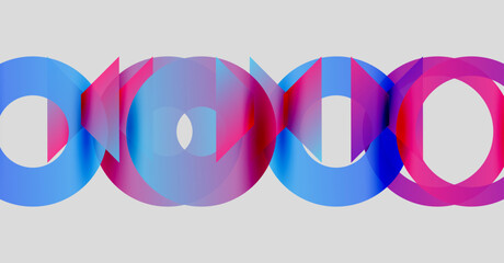 Abstract colorful rings overlap, creating vibrant visual effect. Smooth gradients blend blue, pink, purple hues. Modern design element.