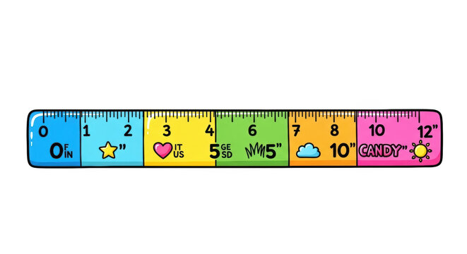 Colorful cartoon ruler inches measurement tool for education and design projects illustration vector 12 inch on transparent background
