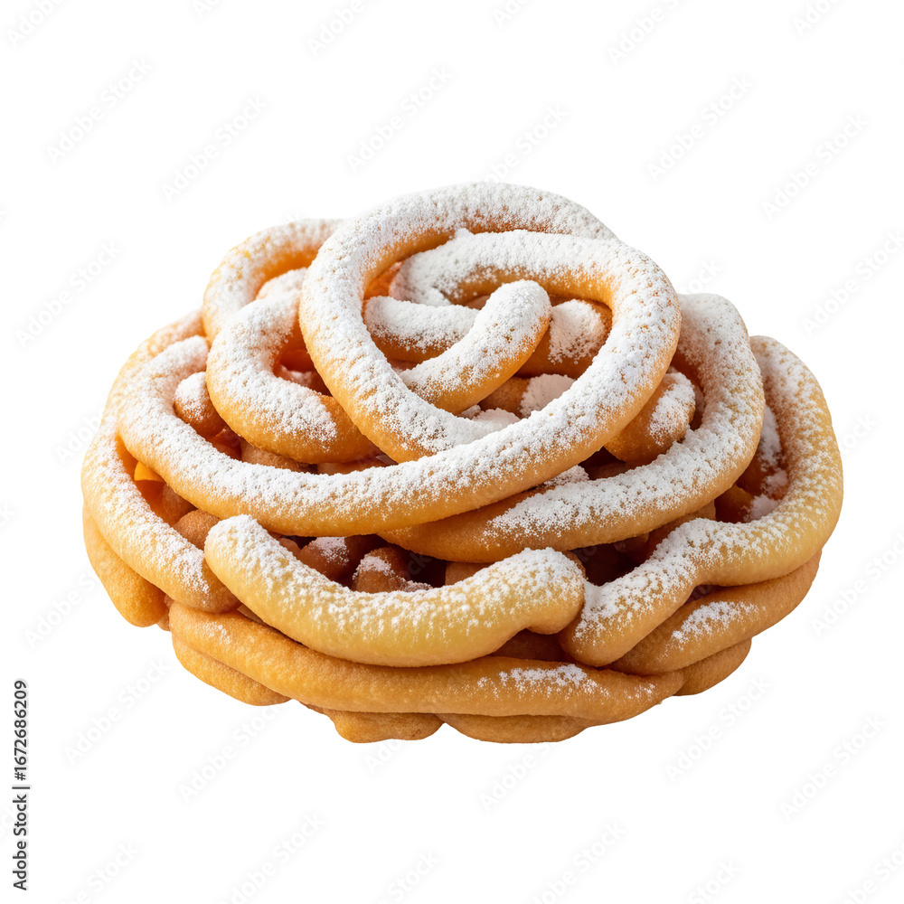 Poster funnel cake is piled in a circular shape and dusted with powdered sugar. - high quality funnel cake 