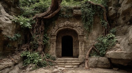 Naklejka premium weathered stone cave entrance surrounded by twisted tree trunks and vines 