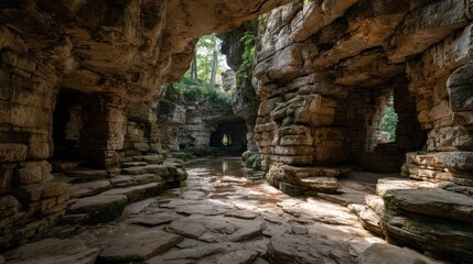 weathered stone cave opening with layered rock formations and shadows