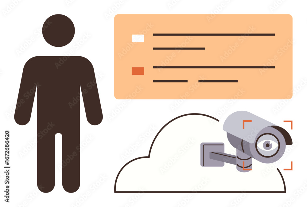 Poster security camera pointed at cloud storage symbol with a human figure and data display. ideal for moni