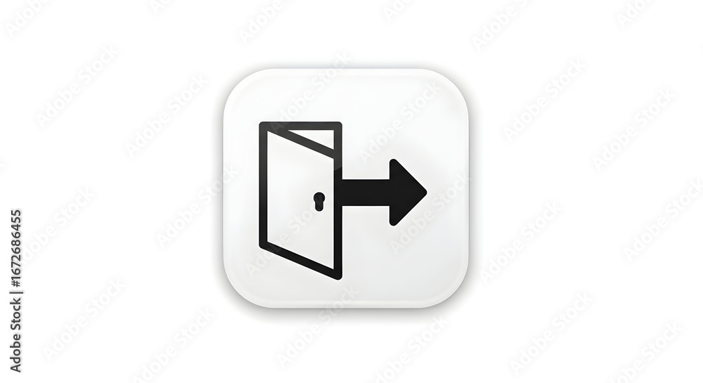 Poster exit door icon on white square button with arrow pointing right