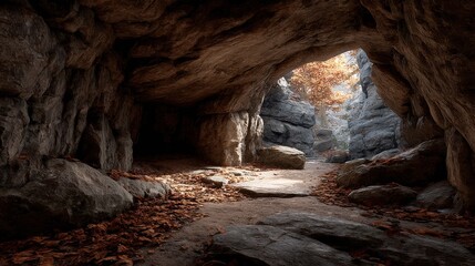 Obraz premium wide stone cave opening with rough natural textures and scattered dry leaves
