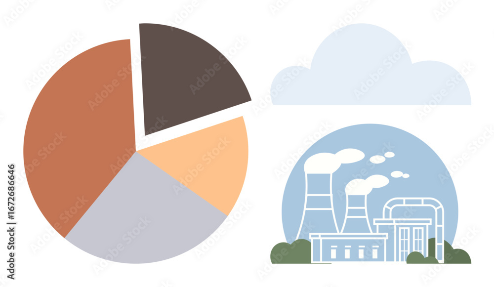 Poster pie chart with four sections and factory with chimneys releasing smoke. perfect for data comparison,