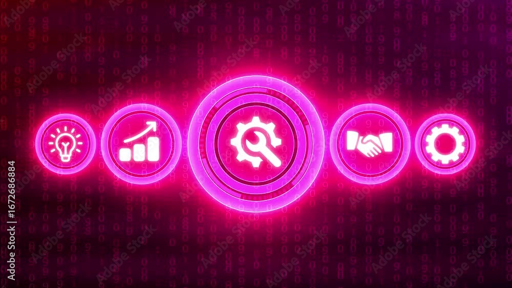 Aufkleber pink neon business icons illuminate a digital binary code matrix technology