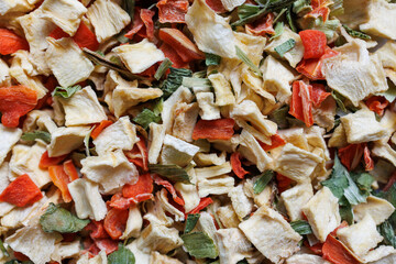 Macro of dried vegetable mix with carrot, celery and herbs, soup seasoning ingredient