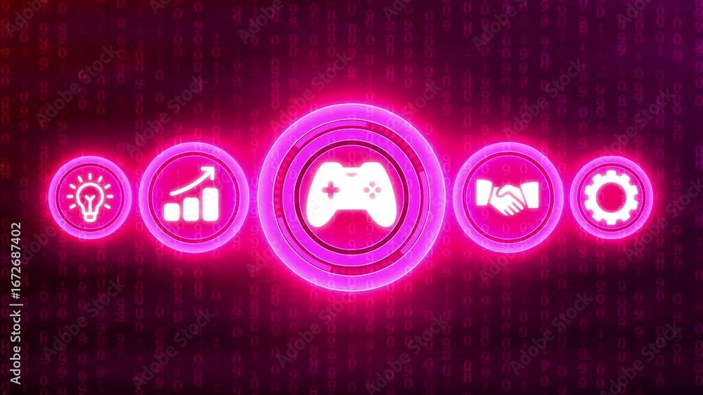 Poster vibrant pink neon gaming controller icon with business symbols on binary code backdrop technology di