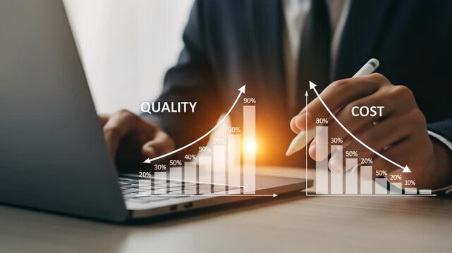 Quality vs Cost Optimization: Businessman Analyzing Increasing Quality & Decreasing Costs with Data Analytics on Laptop for Business Growth & Efficiency