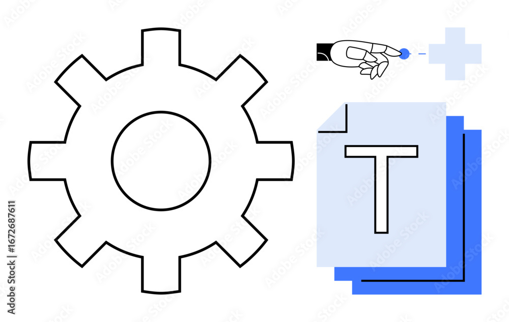 Poster gear symbolizing process, stack of documents with t for text management, and hand placing element re