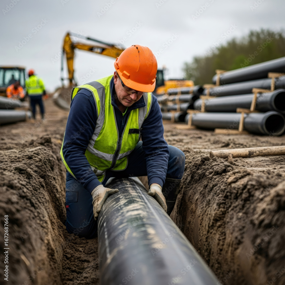 Poster man installing a large pipe in an open trench at a construction site. sewer main repair and new infr